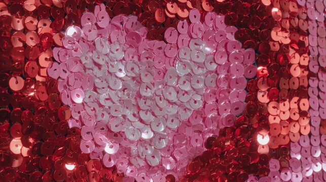 Heart Shape Formed by Shimmering Pink and Red Sequins on Textured Fabric