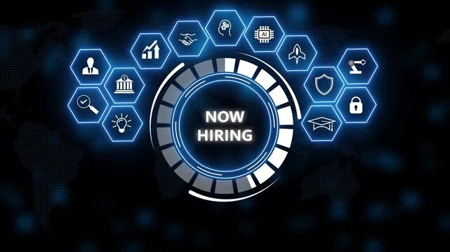 Futuristic blue neon digital interface with central &ldquo;now hiring&rdquo; button and HR, business and tech icons on dark world map background, recruitment and staffing concept.
