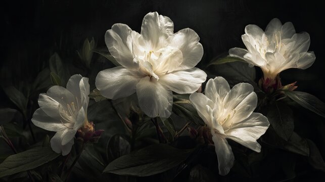 White flowers bloom against a dark backdrop.