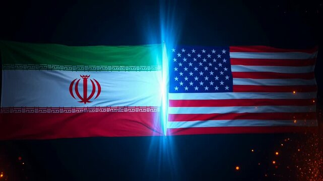 Iran and usa flags side by side with dramatic lighting effects symbolizing international relations and global conflicts