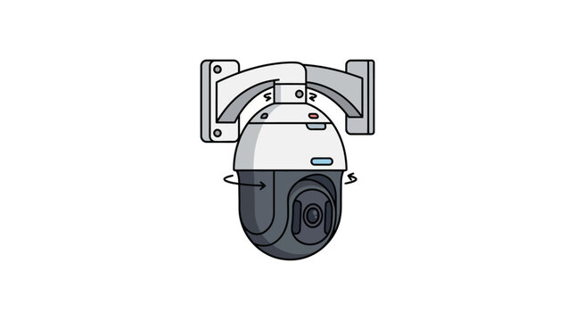 Flat vector outline illustration of a rotating PTZ CCTV camera, modern surveillance technology, simple line art, limited solid colors, isolated on white background, stock vector, scalable.