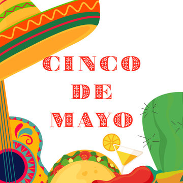 Cinco de Mayo celebration with traditional Mexican elements like sombrero, guitar, taco, chili and margarita, creating a festive border for text on a transparent background