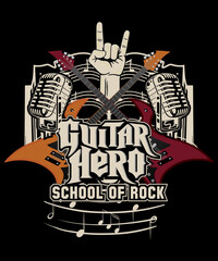 Obraz premium Guitar Hero School of Rock T-shirt design with crossed electric guitars, microphones, and hand gestures