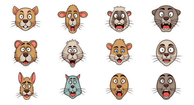 Collection of cartoon animal faces showing various expressions