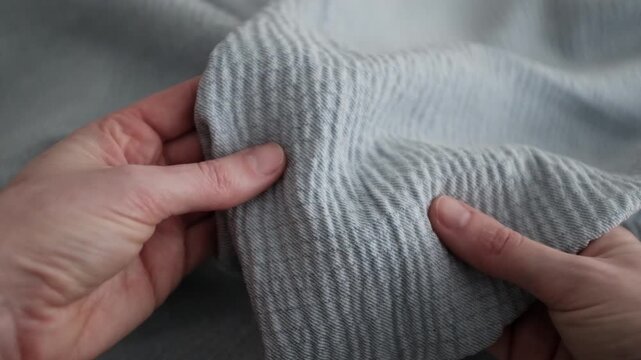 Closeup cinematic shot of premium blue twill fabric featuring a deep diagonal weave and soft rippled texture. Fiber details and organic movement of the material, ideal for fashion textile backgrounds
