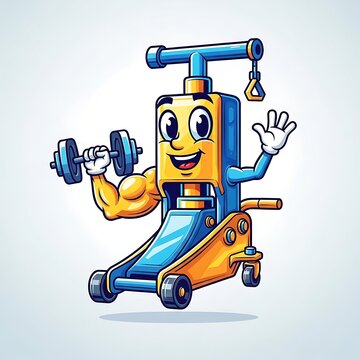 Happy cartoon robot lifting weights exercising.