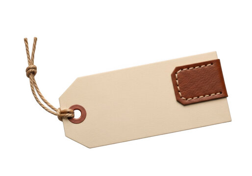 Brown leather label tag with string isolated on transparent background