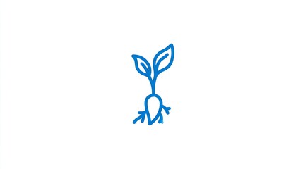 Simple blue line art depiction of a small plant seedling with visible roots centered on a white background.