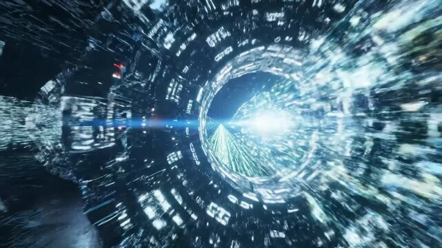 Futuristic hyperspace tunnel with data flow and glowing light