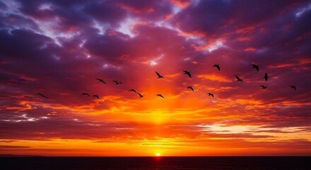 Obraz premium Vibrant sunset with birds flying.