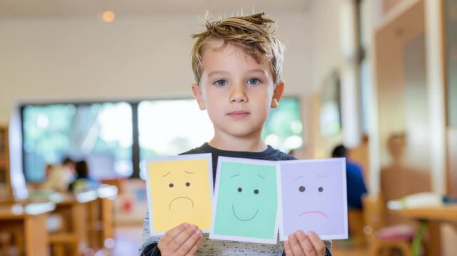 Young boy expressing emotions with colored cards in a classroom setting for educational purposes.