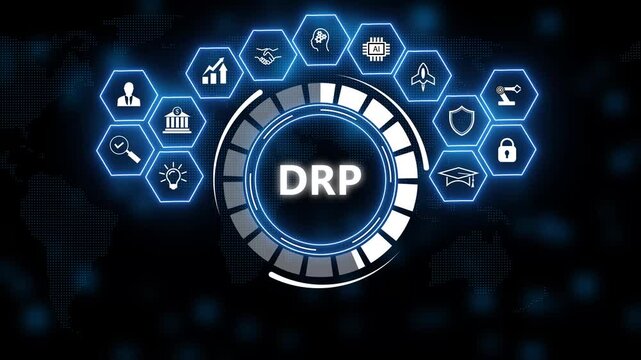 Futuristic blue digital interface with drp text in center and hex icons around, representing disaster recovery planning and cybersecurity technology.