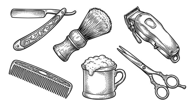 Barber shop tools and accessories arranged neatly on a clean surface from a top-down viewpoint with grooming equipment