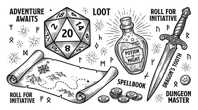 A fantasy scene featuring a dice, spellbook, potion, and sword on a parchment map