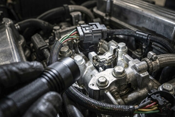 Fototapeta premium Mechanic using bright LED flashlight to inspect car engine components