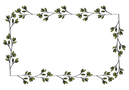 Hand drawn rectangular frame of branches and leaves from bushes and trees. Aesthetic border of evergreen plants. Ideal for decorating and framing flyers, greeting cards, covers, posters, invitations.