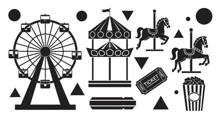 Carnival amusement park elements collection featuring Ferris wheel, carousel, and carousel horses in black illustration © Xoxen