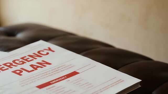 Emergency plan document on a leather surface for safety and preparedness context in a modern office environment.