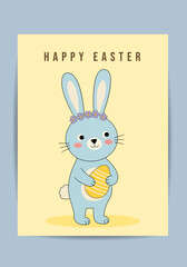 Fototapeta premium Cute Easter Bunny Character Holding Egg Spring Holiday Greeting Card Design For Social Media Banner Poster Marketing Campaign