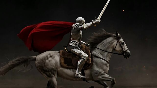 Medieval knight on a charging horse with sword raised battle action with flowing red cape dramatic historical scene