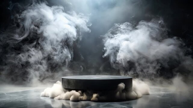 A stone podium on a gloomy background is shrouded in white and gray smoke