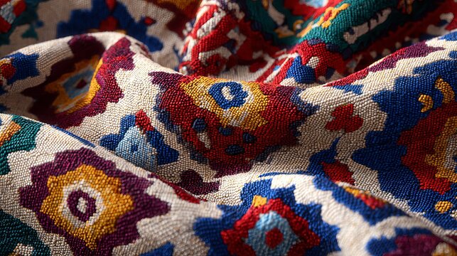 Fabric shows ethnic geometric designs.  It has an Ikat embroidery look with an oriental pixel background.