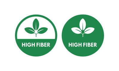 High fiber tamp badge icon with leaf element, isolated on white background. Professional vector seal for healthy food packaging and organic product labeling.