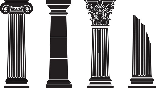 Ancient architectural columns vector set: Ionic, Doric, Corinthian, and broken styles