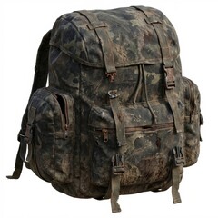 Heavily soiled, distressed camouflage military backpack with rust and wear, isolated on white. Ideal for survival, adventure, or historical themes.