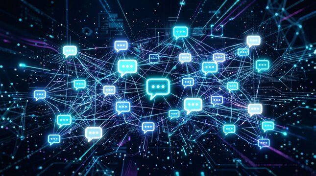 Vibrant network of glowing chat bubbles in modern digital landscape