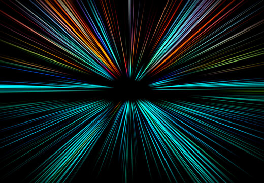 Abstract radial zoom blur surface with vibrant multicolored light streaks creating a dynamic futuristic motion effect on a dark background.
