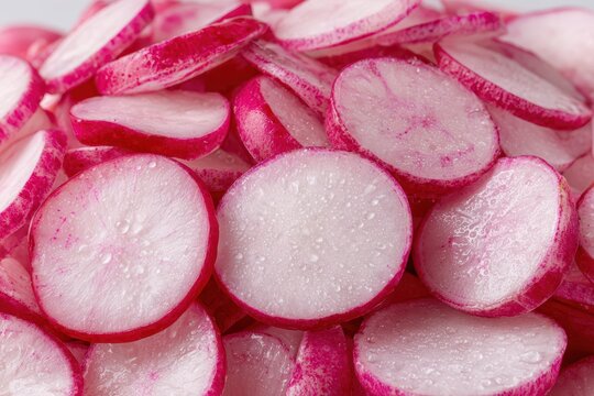 Close-up image showing a pile of fresh sliced radishes with vibrant pink skin and white flesh, covered in droplets of water, creating a visually appealing and healthy presentation.