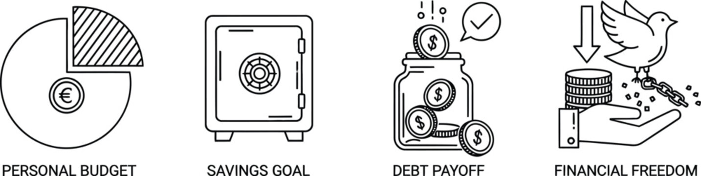 Financial symbols depict concepts of personal budgeting, savings goals, debt payoff, and achieving financial freedom.