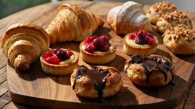 Sweet Delights Displayed: A tempting assortment of fresh pastries, including croissants, tarts, and other baked treats, artfully arranged on a rustic wooden board, ready to entice and delight. 