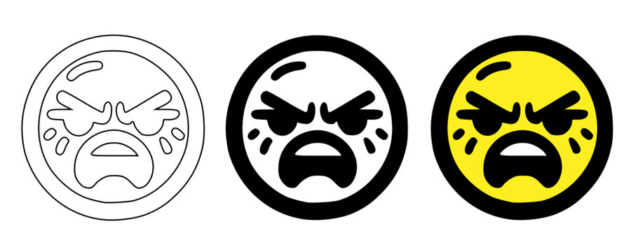 Angry crying emoji icon set vector illustration with outline, solid black and yellow styles, frustrated face with tears collection, emotional reaction symbols for chat, stickers, apps and UI design