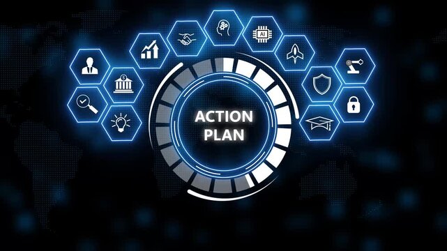 Futuristic blue business dashboard interface with action plan text, circular progress dial and hexagon icons for strategy, analytics, security, finance, education on dark world map background