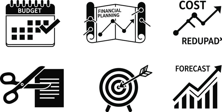 Financial planning symbols illustrate budgeting, cost reduction, goal achievement, and positive forecasting over time.