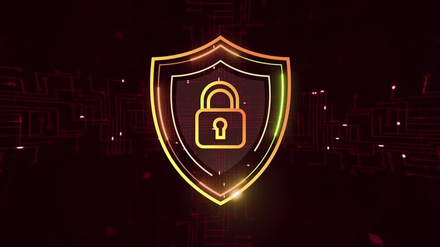 Futuristic 3D Cybersecurity Shield with AI-Powered Data Protection, Glowing Padlock Symbol, and Digital Circuit Background for Global Information Encryption and Privacy Safety Animation