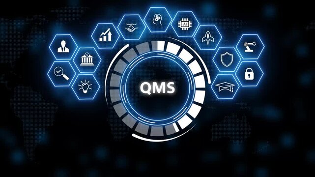 Futuristic digital interface with glowing blue icons around a central QMS dial, representing quality management system, compliance, analytics and cybersecurity on dark tech background.