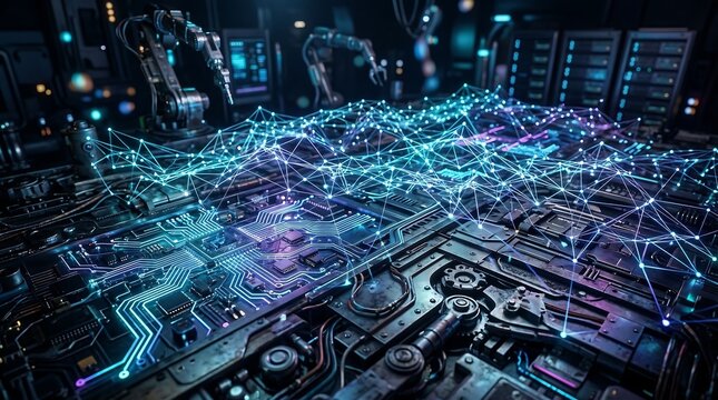 Futuristic robotic arms interacting with glowing circuit board network