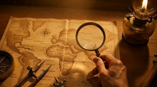 Hand holding magnifying glass over vintage map near compass and navigation tools with oil lamp light illuminating antique exploration scene