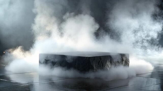 The stone podium in the center of the frame is hidden in clouds of gray smoke