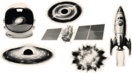 Halftone pop art sticker set with astronaut helmet rocket satellite planets explosion ufo and retro rocket in isolated vector style © OKAN