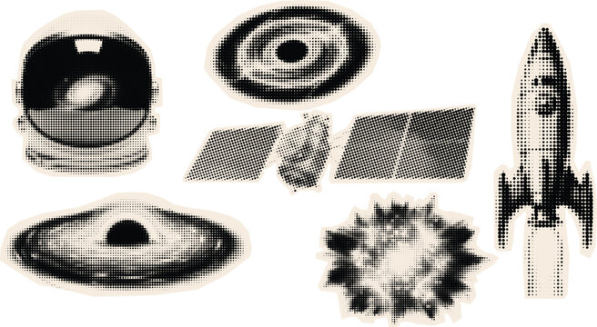 Halftone pop art sticker set with astronaut helmet rocket satellite planets explosion ufo and retro rocket in isolated vector style