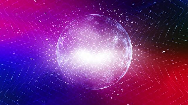 Futuristic digital sphere made of lines and dots on colorful technology background with binary numbers and network connections, symbolizing data and cyberspace. Seamless looping.