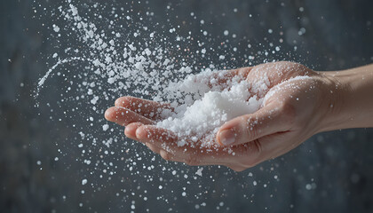 Fototapeta premium A hand holding and sprinkling white powder on a dark background