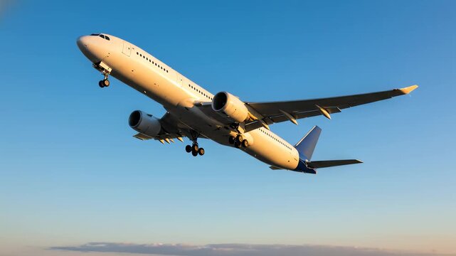 Massive commercial passenger jet taking off into a clear blue sky at sunset or sunrise, showing landing gear retraction on runway.