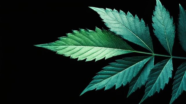 Close-up of a vibrant green leaf against a stark black background, showcasing intricate details