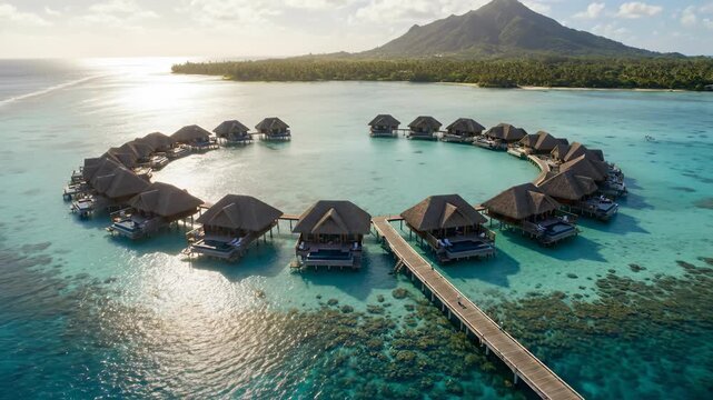Aerial drone view of luxurious overwater bungalows arranged in a perfect circle over turquoise lagoon waters at a tropical Polynesian resort at sunset.