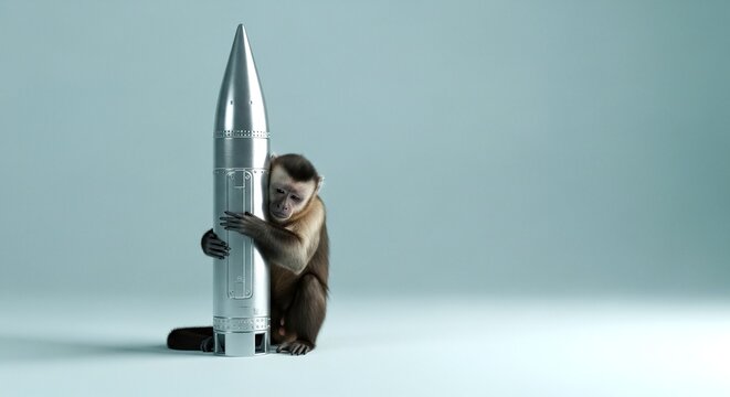 A curious monkey hugs a large silver rocket in a studio setting